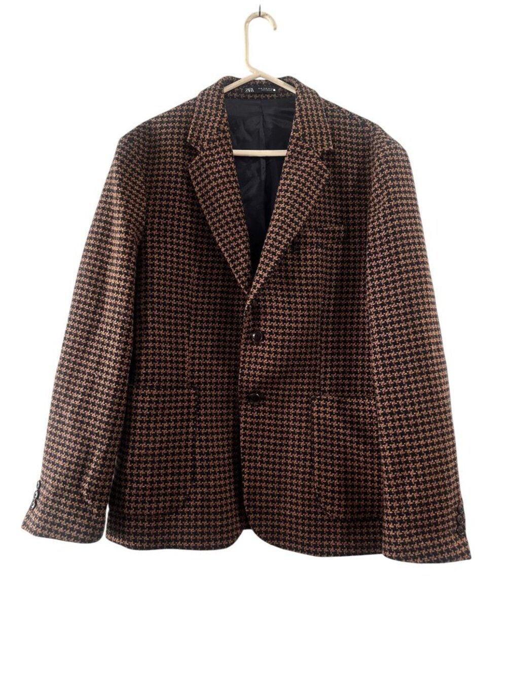 Zara Houndstooth Single Breasted Blazer Mens XL Brown Wool Blend Office Preppy